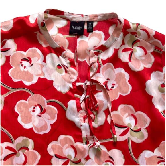 Rafaella Blouse Red Floral Tie Front Rolled Tab Sleeve Blouse Top Medium NEW - Picture 9 of 15